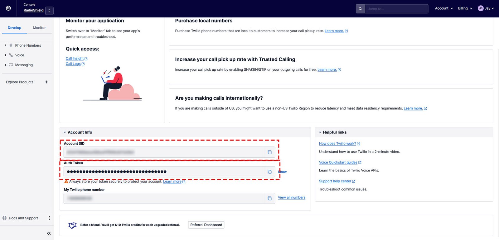 Copy Your Account SID and Auth Token