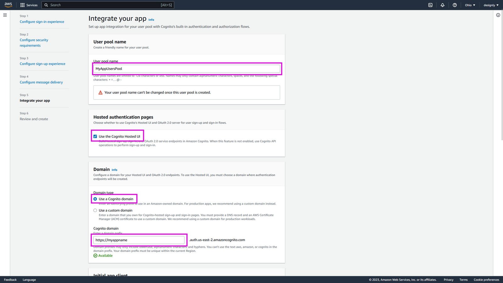 Create a Cognito user pool