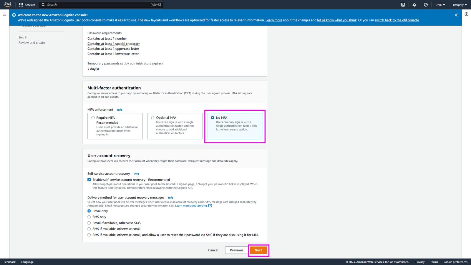 Create a Cognito user pool