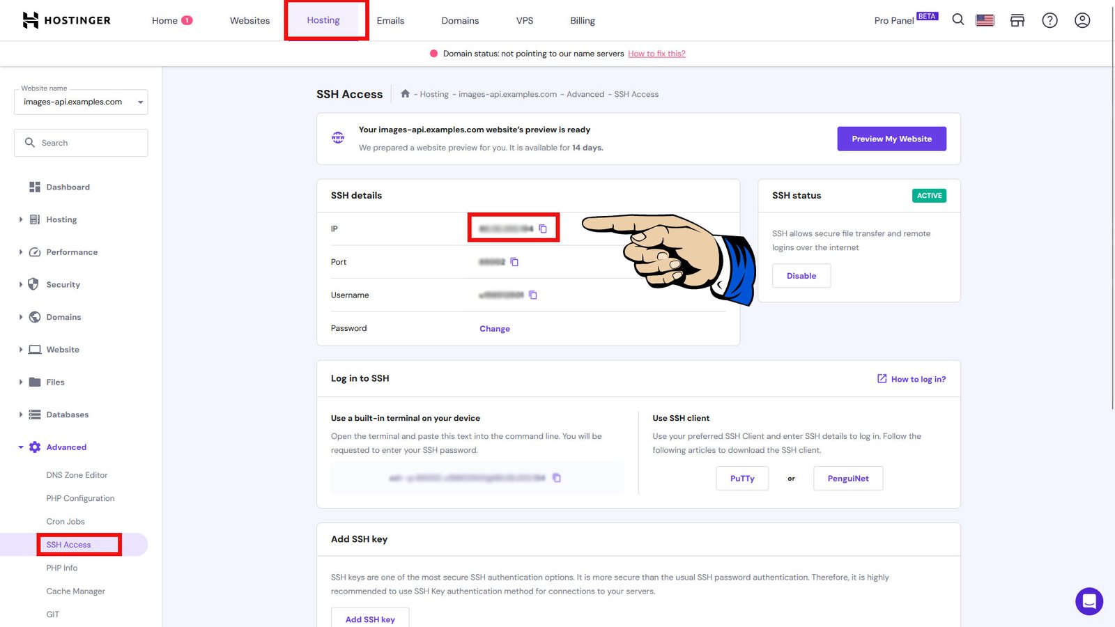 Copy your IP and setup SSH