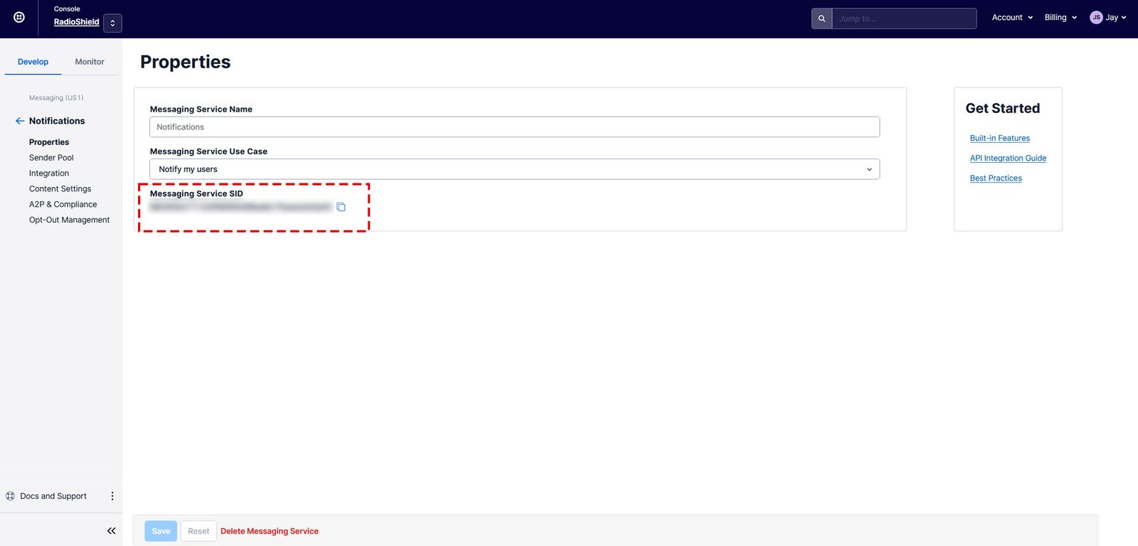 Copy Your Messaging Service ID