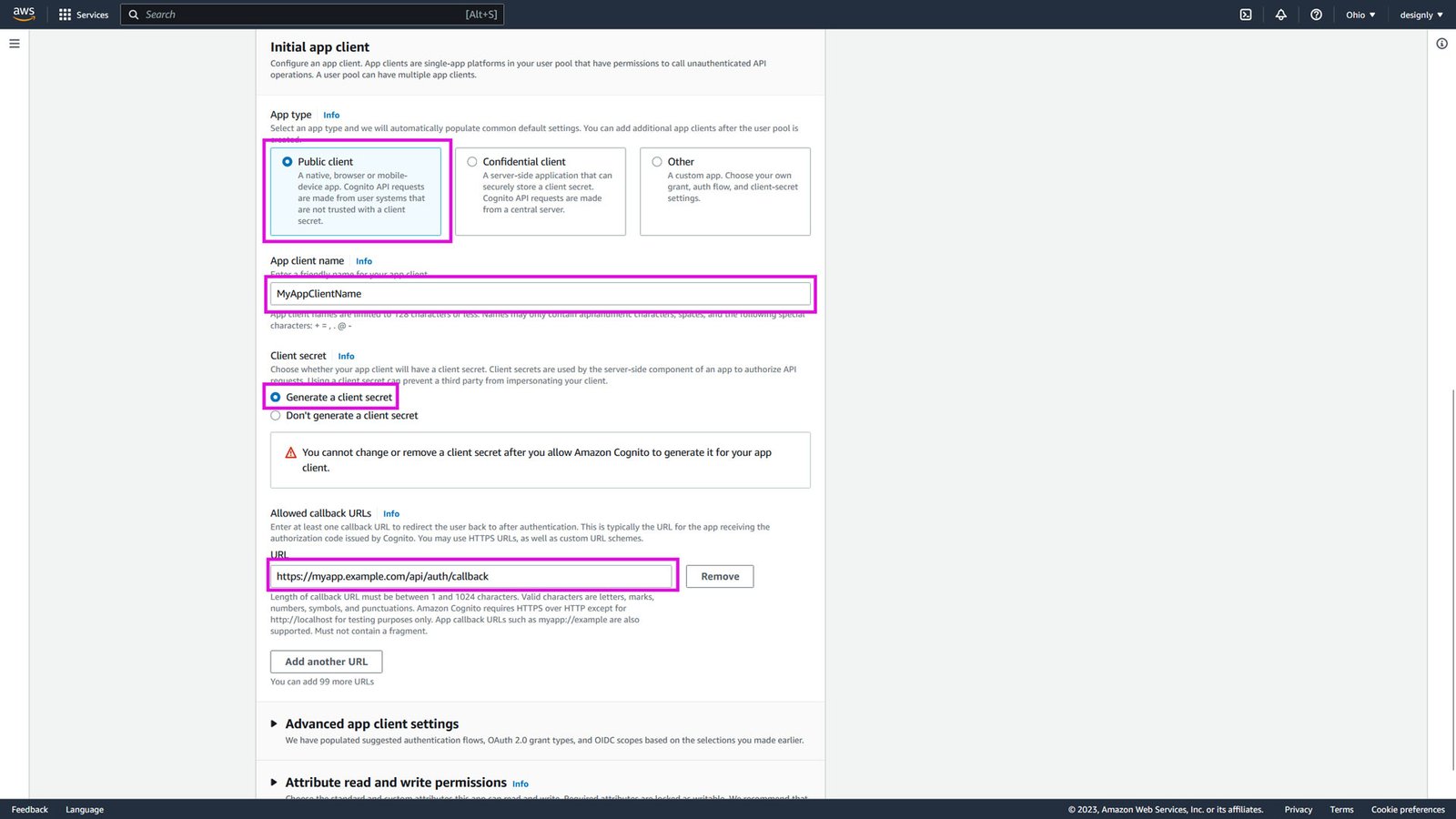 Create a Cognito user pool