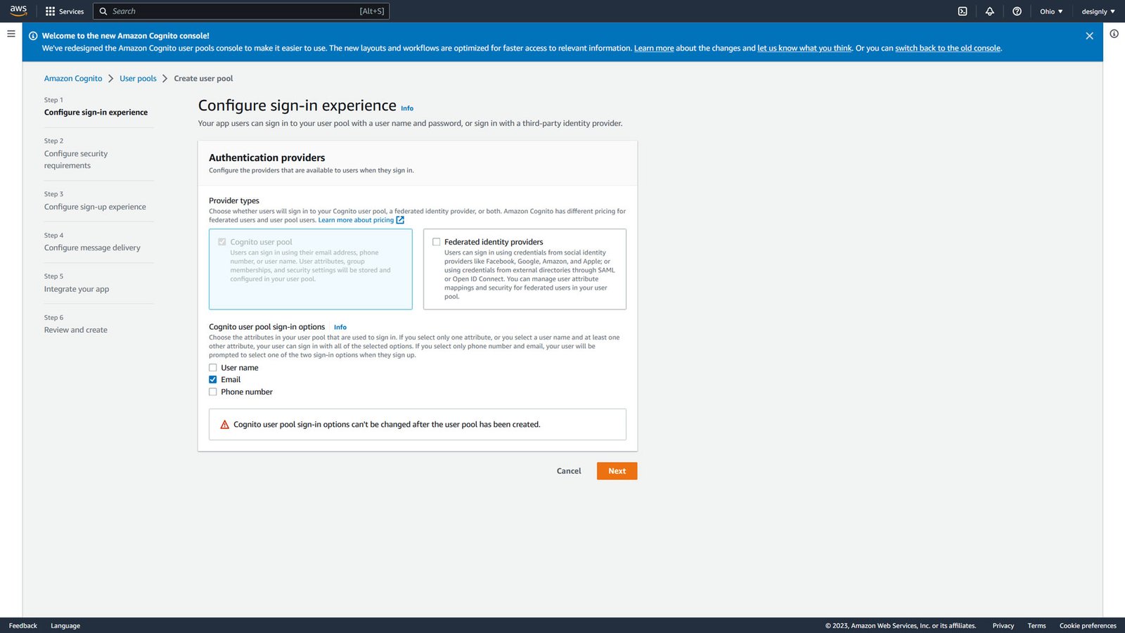 Create a Cognito user pool