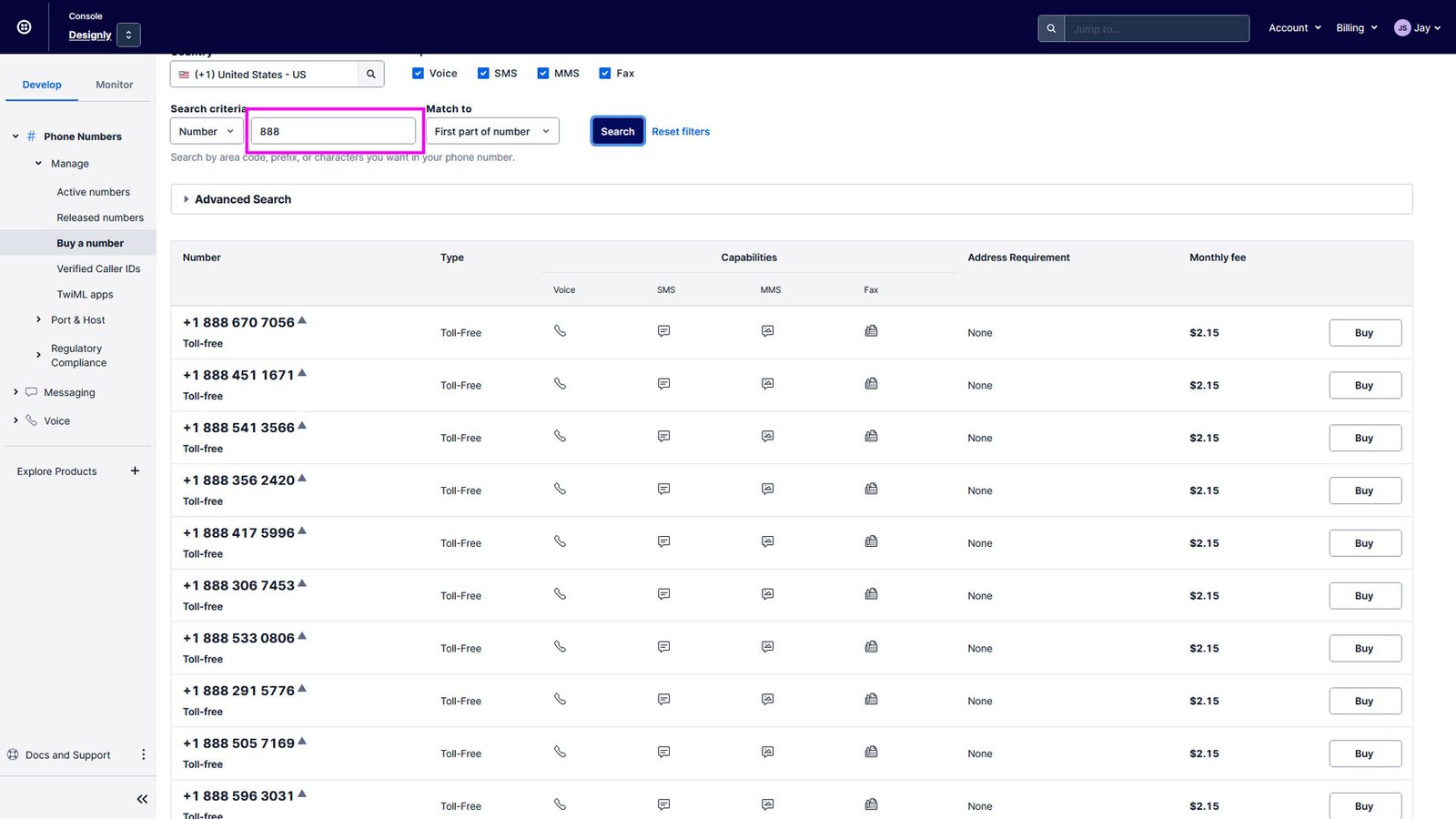 Purchase a Twilio number