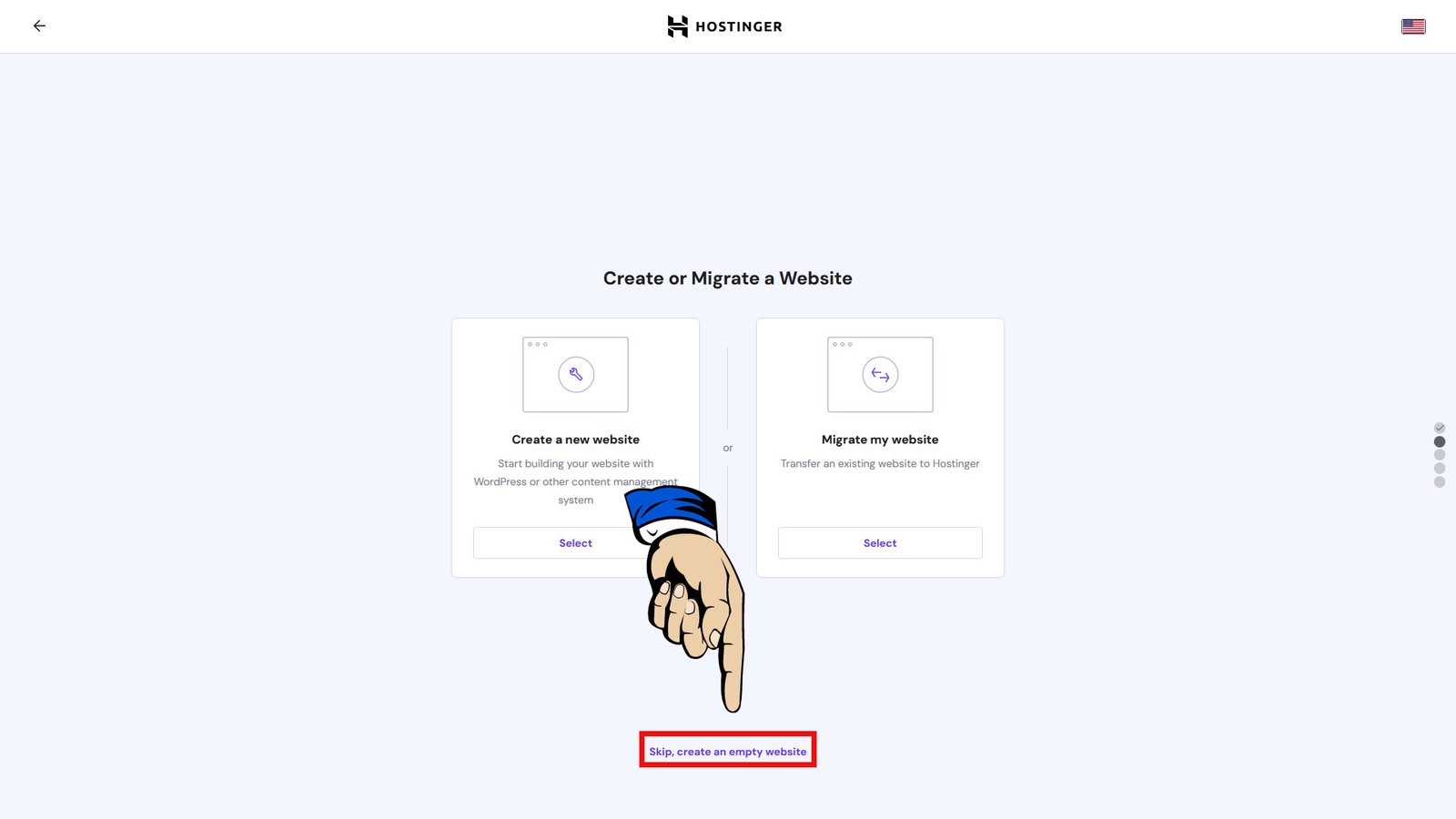 Click skip, create an empty website
