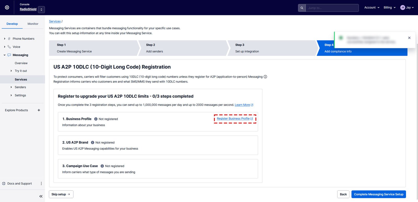 Click Register Business Profile