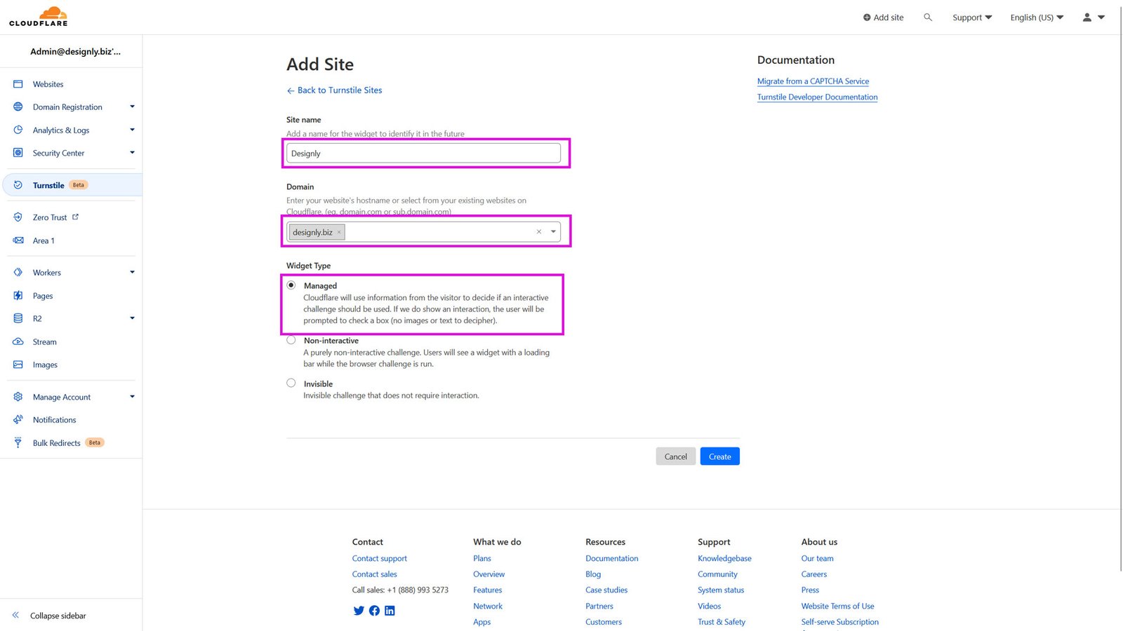 Add new Turnstile site