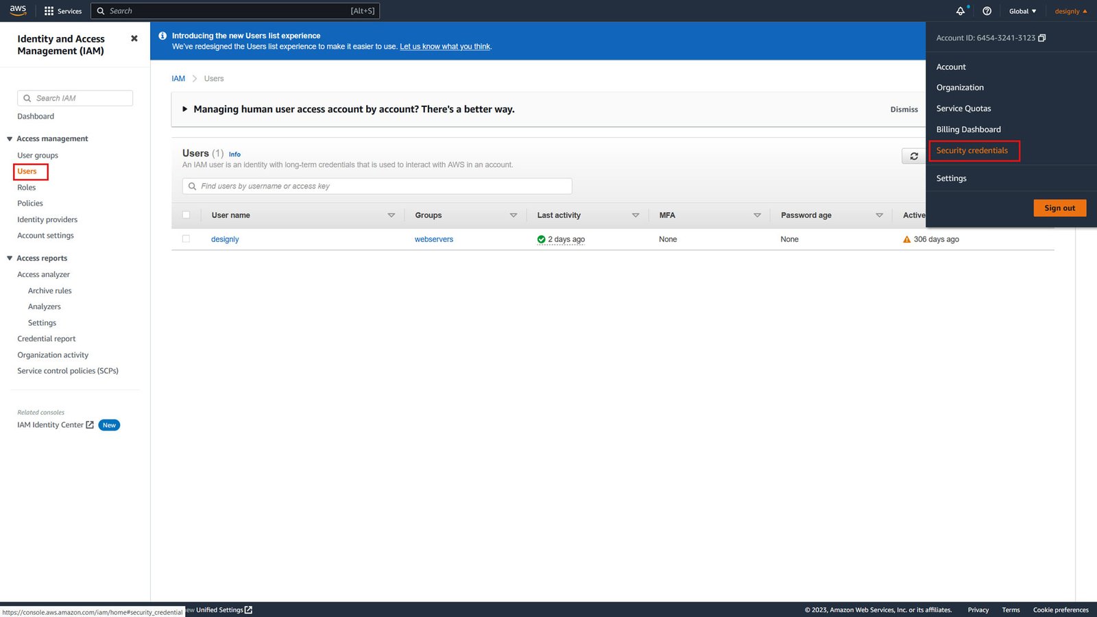 Access IAM Security Credentials