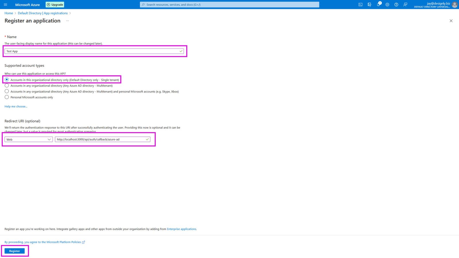 Create new registration